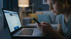 A tense woman in a dim room looking at a smartphone and laptop.