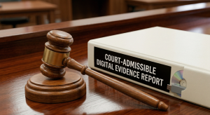 A polished wooden judge's gavel resting firmly on its sounding block on a courtroom bench. Adjacent to it, a substantial white legal binder is clearly labeled 'COURT-ADMISSIBLE DIGITAL EVIDENCE REPORT' in bold white text.